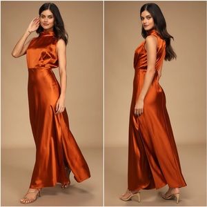 Lulu's Satin Maxi Dress in Burnt Orange